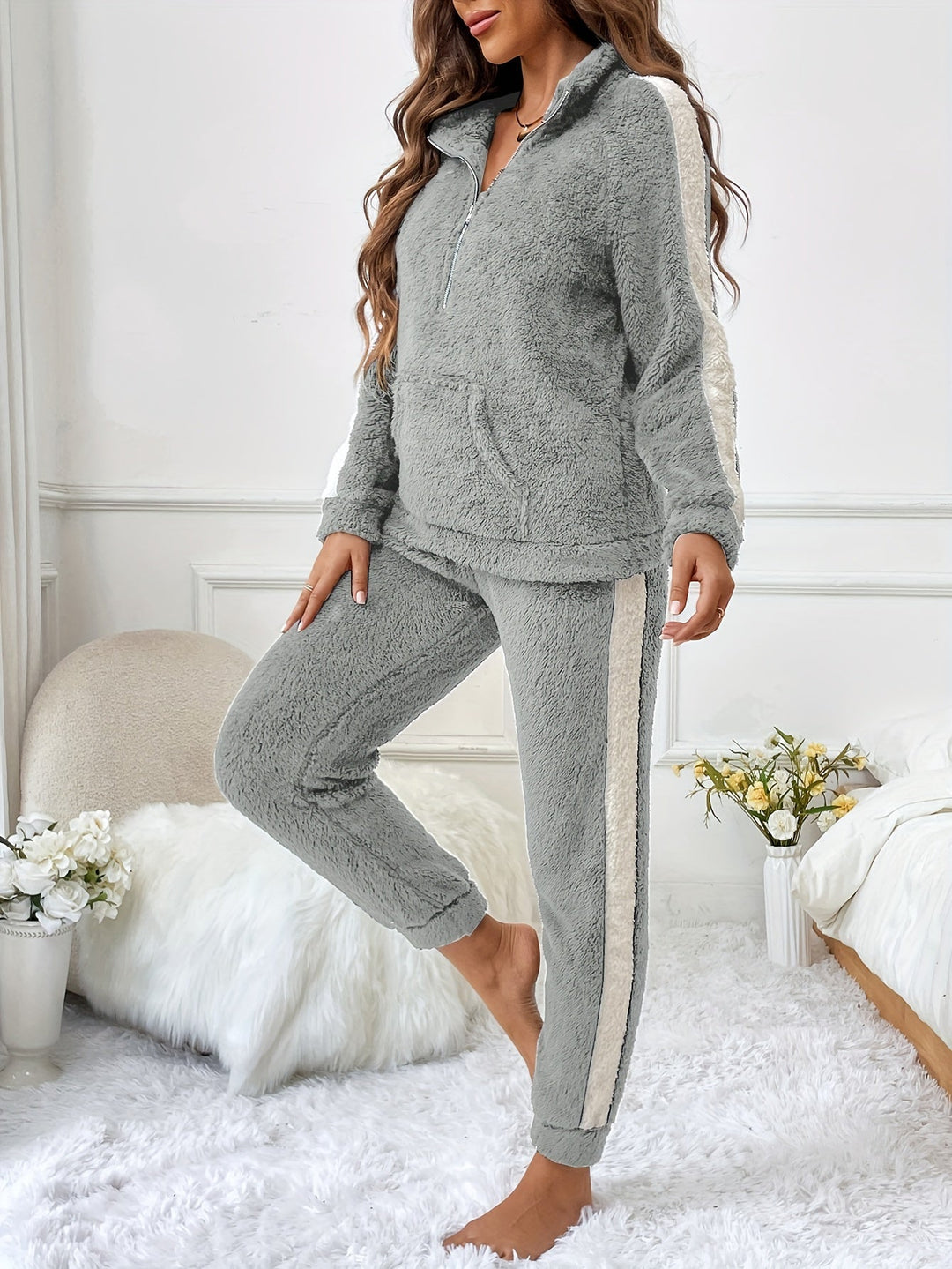 Damen Fleece Jogginganzug, grau, Reißverschluss, gemütlich, Freizeitmode, Herbst-Winter-Outfit