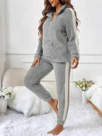 Damen Fleece Jogginganzug, grau, Reißverschluss, gemütlich, Freizeitmode, Herbst-Winter-Outfit