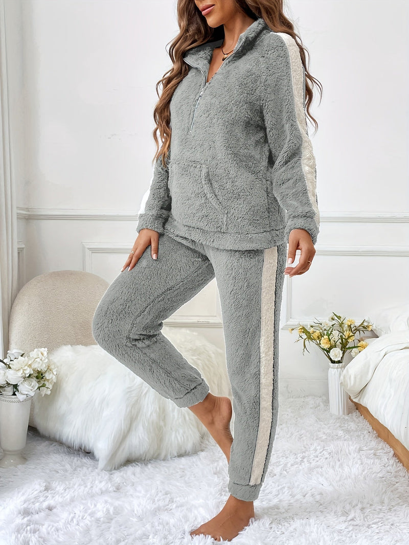 Damen Fleece Jogginganzug, grau, Reißverschluss, gemütlich, Freizeitmode, Herbst-Winter-Outfit
