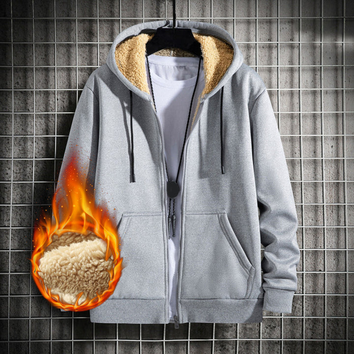 Grauer Kapuzenpullover mit Fleece-Futter, warm, modisch, Herrenbekleidung, Wintermode.