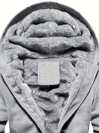 Grauer Kapuzenpullover mit weichem Fleecefutter, Reißverschluss, warm, bequem, Herrenmode.