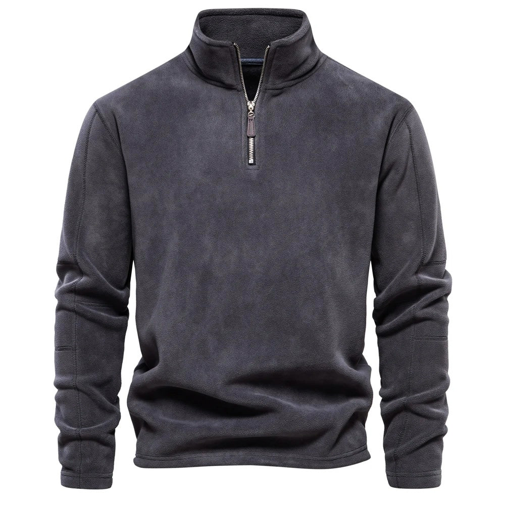 Grauer Fleece-Pullover mit Reißverschluss, Herrenmode, warm, bequem, Winterbekleidung.