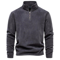Grauer Fleece-Pullover mit Reißverschluss, Herrenmode, warm, bequem, Winterbekleidung.