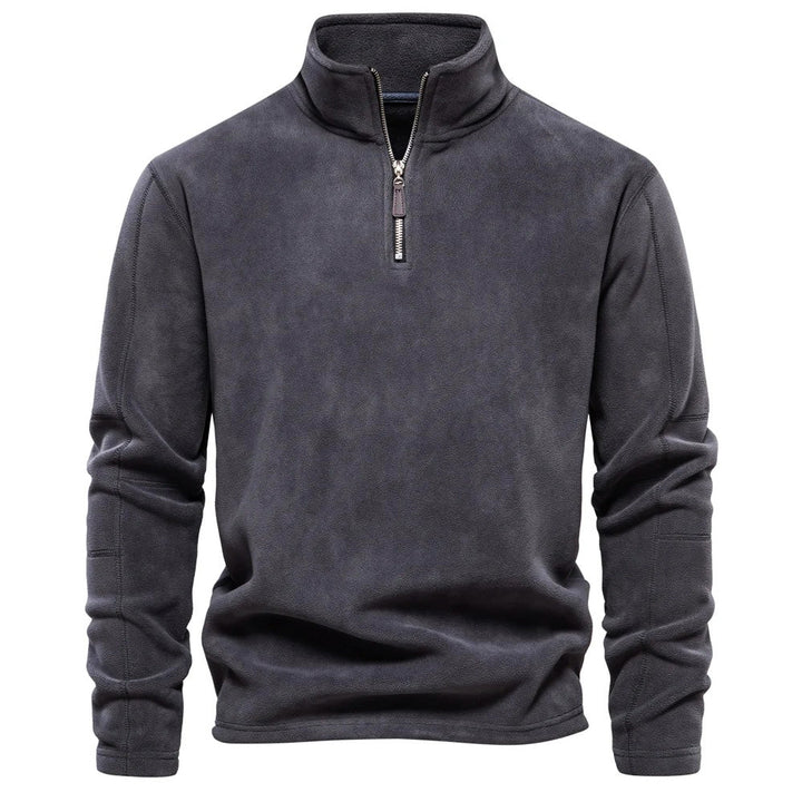 Grauer Fleece-Pullover mit Reißverschluss, Herrenmode, warm, bequem, Winterbekleidung.