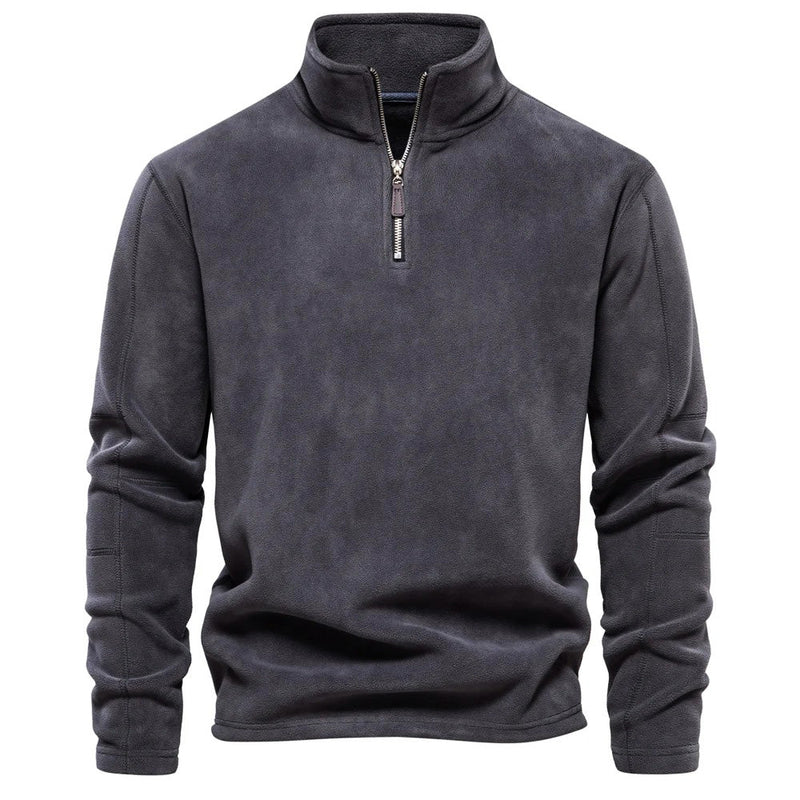 Grauer Fleece-Pullover mit Reißverschluss, Herrenmode, warm, bequem, Winterbekleidung.