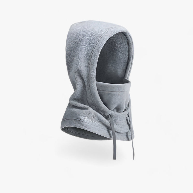 Grauer Fleece-Balaclava mit Kapuze, atmungsaktiv, ideal für Outdoor-Aktivitäten im Winter.