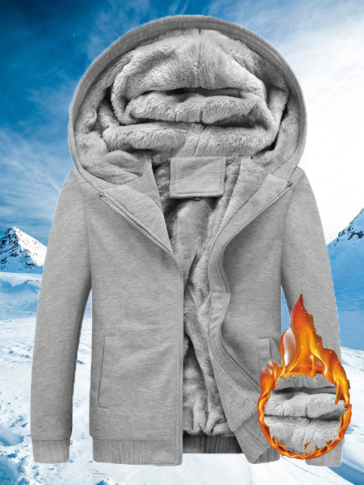 Grauer Herren-Wintermantel mit Kapuze, Fleece-Innenfutter, warm, modisch, Outdoor-Bekleidung.