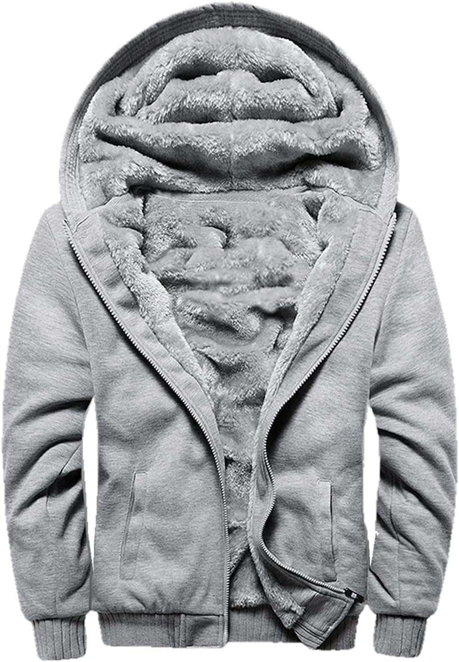 Grauer Herren Hoodie mit Plüschfutter, Reißverschluss, Kapuze, warm, Wintermode.