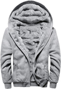 Grauer Herren Hoodie mit Plüschfutter, Reißverschluss, Kapuze, warm, Wintermode.