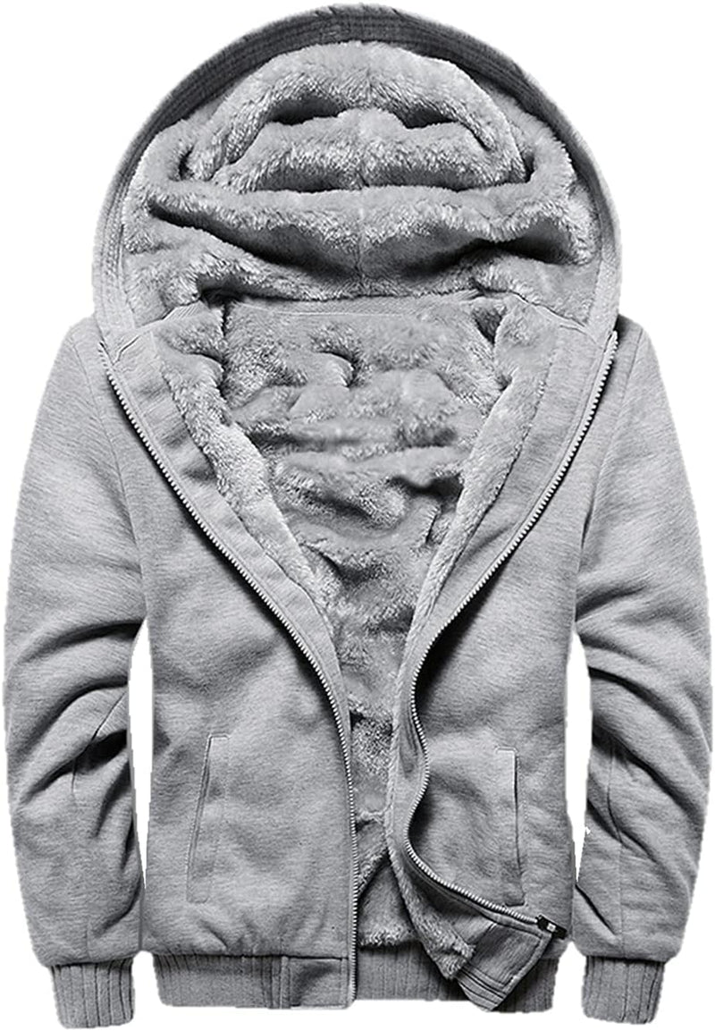 Grauer Herren Hoodie mit Plüschfutter, Reißverschluss, Kapuze, warm, Wintermode.