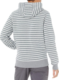 Grauer gestreifter Kapuzenpullover aus Baumwolle, Herrenmode, Freizeitkleidung, Rückansicht.