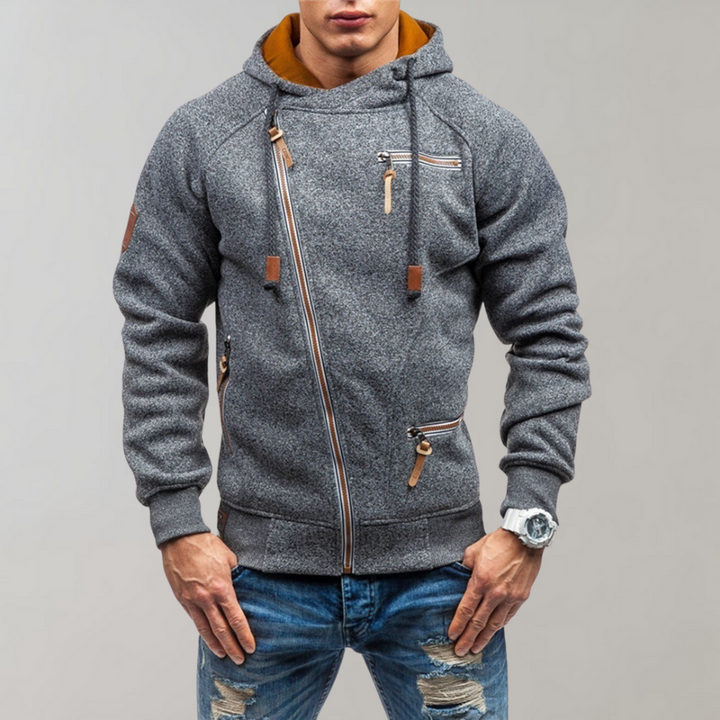 Dunkelgrauer Herren-Hoodie mit Reißverschlüssen, Kapuze und Taschen, modisch und bequem.