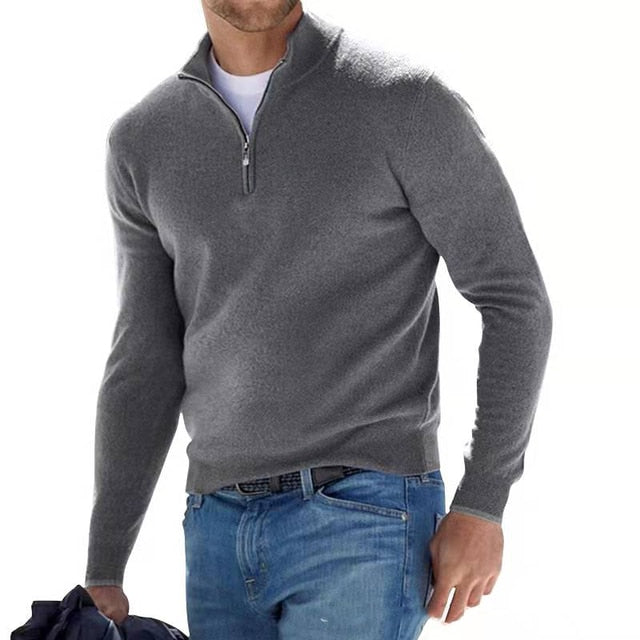 Grauer Herren-Pullover mit Reißverschluss, langärmelig, casual, aus Baumwolle.