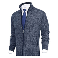 Dunkelgrauer Herren-Strickjacke mit Reißverschluss, eleganter Stil, ideal für Büro und Freizeit.