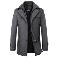 Grauer Herren-Wollmantel, Winterjacke, klassisches Design, Knopfleiste, modisch, warm.