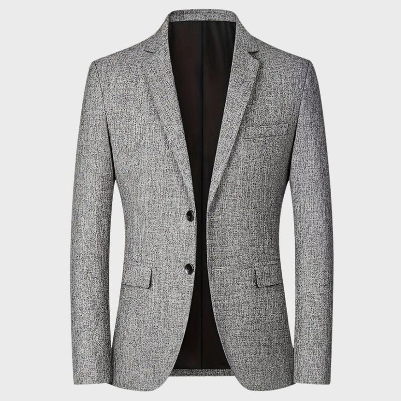 Grauer Herrenblazer, stilvoll, elegant, aus hochwertigem Material, ideal für formelle Anlässe.