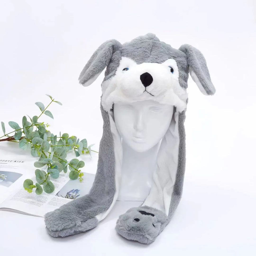 Graue Husky-Mütze aus Plüsch mit Ohren, ideal für Winter, Kinder, Kostüme, Geschenkideen.
