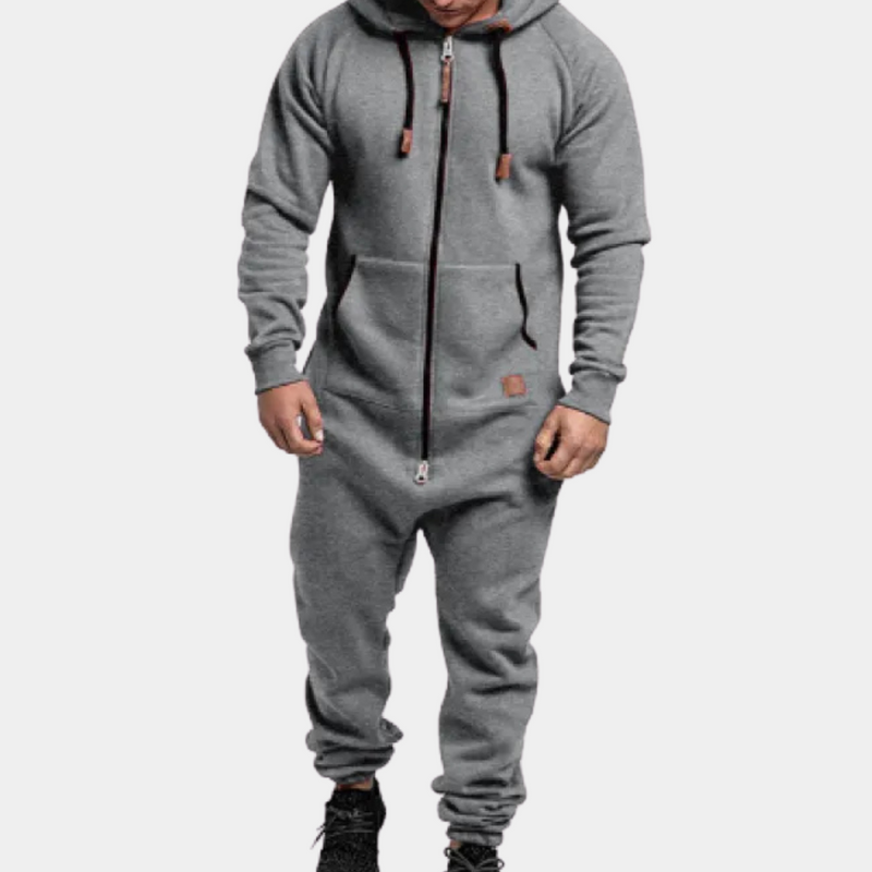 Grauer Herren-Jumpsuit mit Kapuze, Reißverschluss, aus Baumwolle, bequem, modisch.