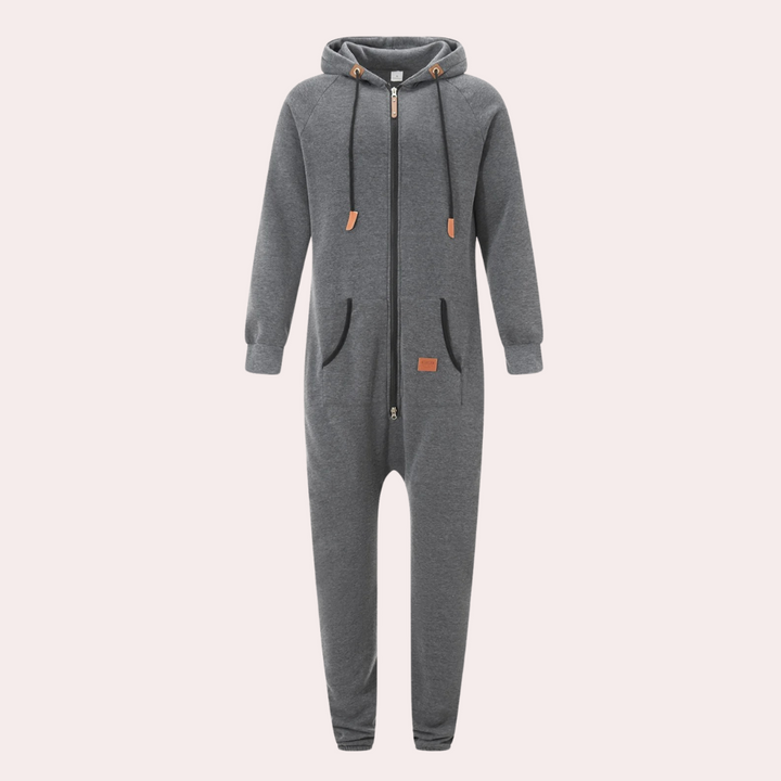 Grauer Einteiler Jumpsuit mit Kapuze, Reißverschluss, Kordelzug, Taschen, Unisex, Baumwolle.