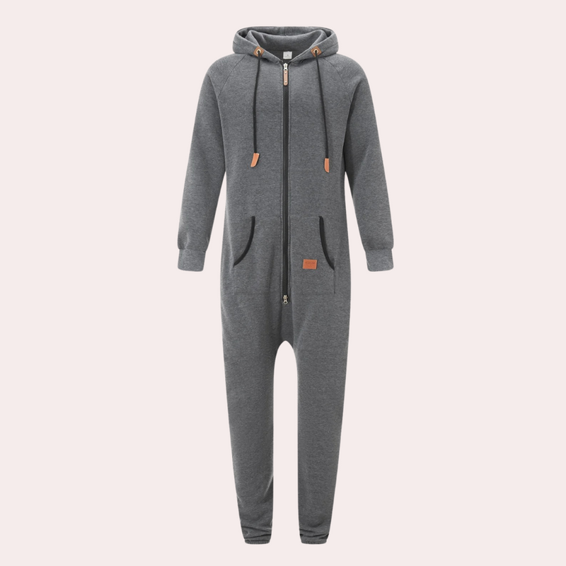 Grauer Einteiler Jumpsuit mit Kapuze, Reißverschluss, Kordelzug, Taschen, Unisex, Baumwolle.