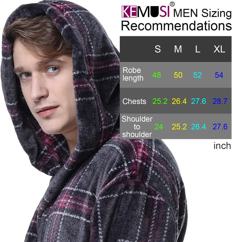 Mann im grauen karierten Bademantel mit Kapuze, Größentabelle für Männer, KEMUSI.