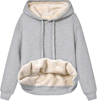 Grauer Kapuzenpullover mit Plüschfutter, Damenmode, gemütlicher Hoodie, Winterkleidung.
