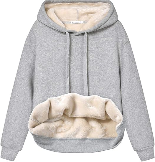 Grauer Kapuzenpullover mit Plüschfutter, Damenmode, gemütlicher Hoodie, Winterkleidung.