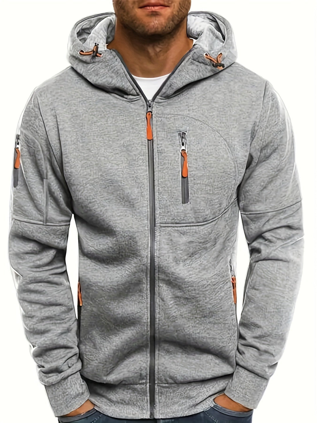 Grauer Herren-Hoodie mit Reißverschlüssen, Kapuze und Taschen, sportlich, bequem, modisch.