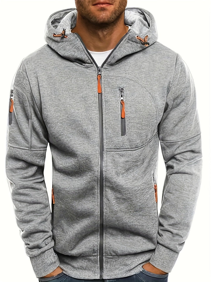 Grauer Herren-Hoodie mit Reißverschlüssen, Kapuze und Taschen, sportlich, bequem, modisch.