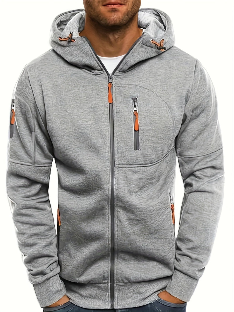 Grauer Herren-Hoodie mit Reißverschlüssen, Kapuze und Taschen, sportlich, bequem, modisch.