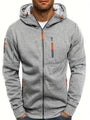 Grauer Herren-Hoodie mit Reißverschlüssen, Kapuze und Taschen, sportlich, bequem, modisch.