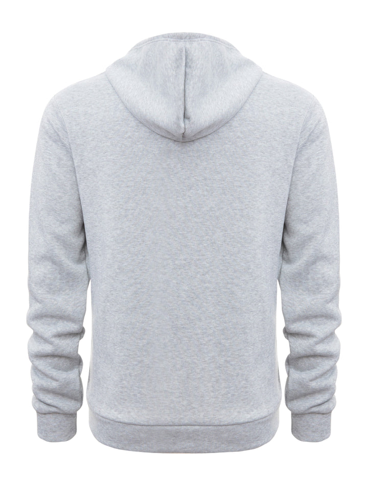 Grauer Kapuzenpullover aus Baumwolle, Rückansicht, Unisex, bequem, lässig, modisch.