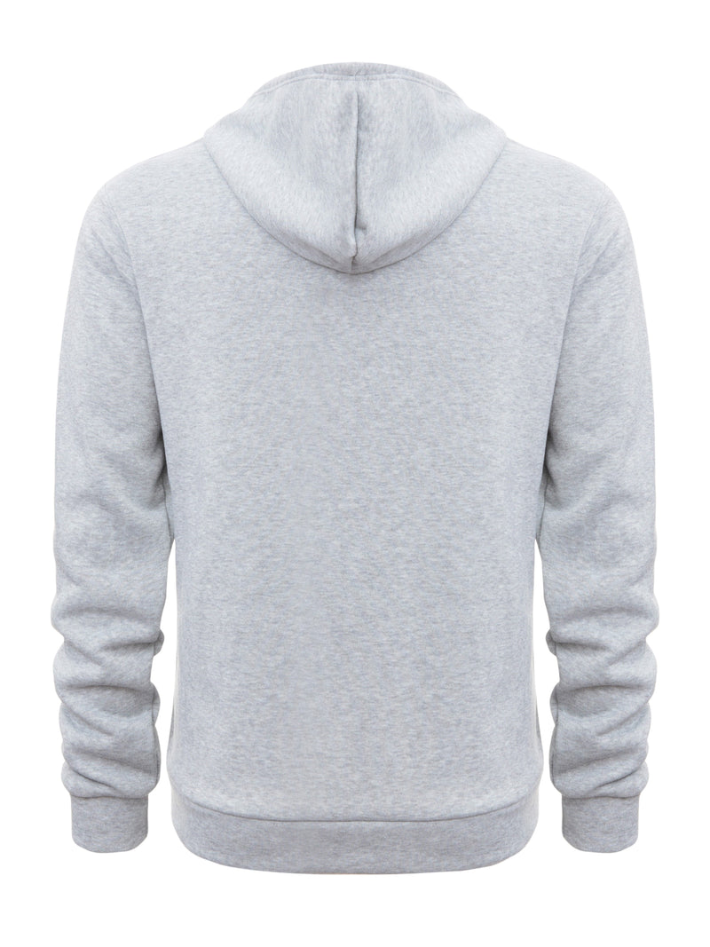 Grauer Kapuzenpullover aus Baumwolle, Rückansicht, Unisex, bequem, lässig, modisch.