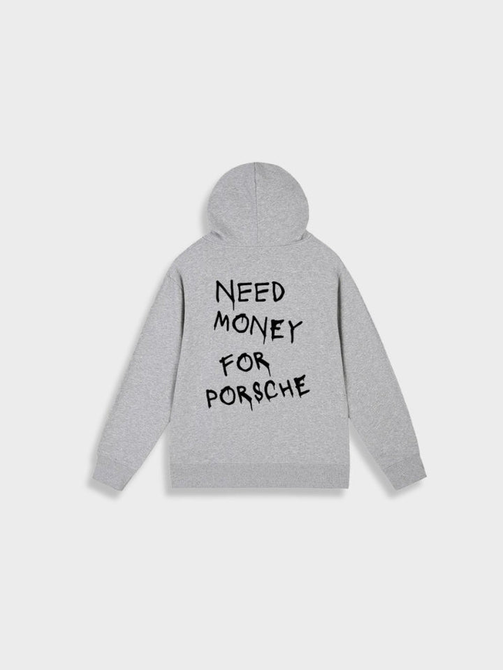 Grauer Hoodie mit Kapuze, Aufschrift "Need Money for Porsche", Baumwolle, Unisex, modisch.