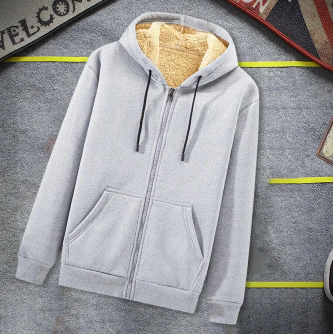Grauer Kapuzenpullover mit Reißverschluss, Fleece-Innenfutter, Herrenmode, Winterbekleidung.