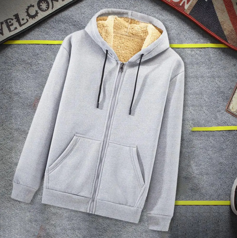 Grauer Kapuzenpullover mit Reißverschluss, Fleece-Innenfutter, Herrenmode, Winterbekleidung.