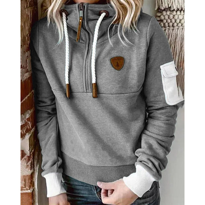 Grauer Hoodie mit Reißverschluss, Kordeln, Baumwollmischung, ideal für Frühling, Damenmode.