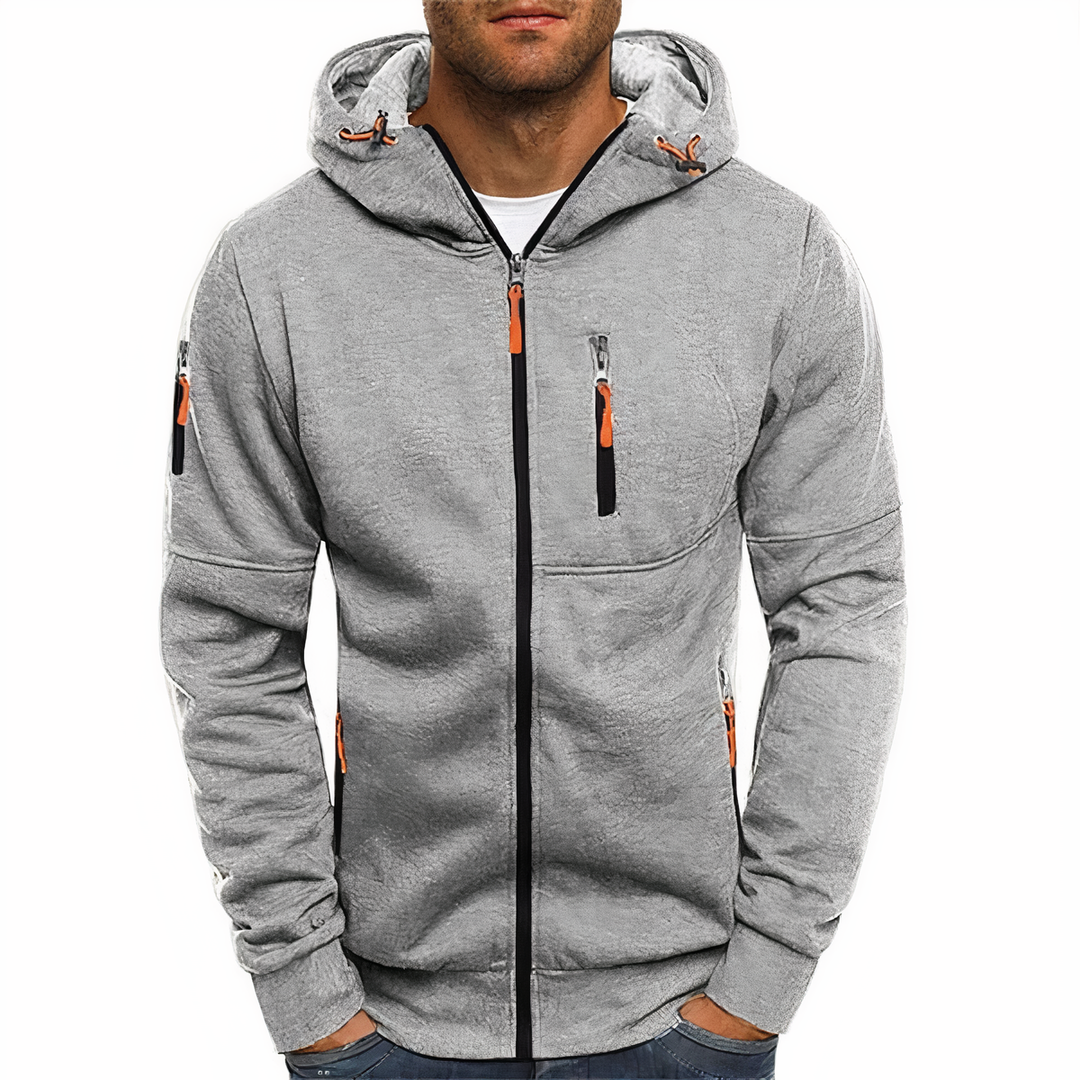 Grauer Herren-Hoodie mit Reißverschlüssen, Kapuze und Taschen, sportlich, bequem.