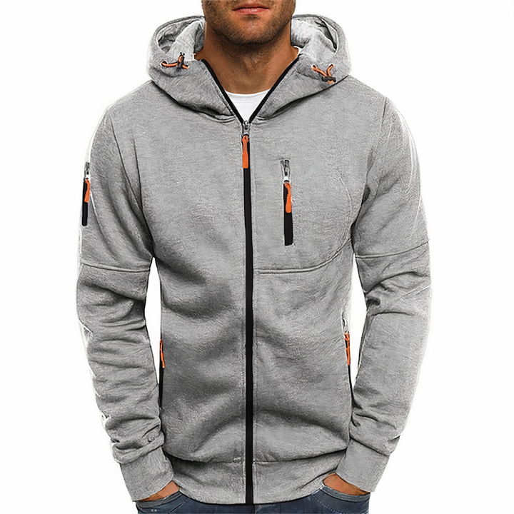 Grauer Herren-Hoodie mit Reißverschlüssen, Kapuze und Taschen, sportlich, bequem.