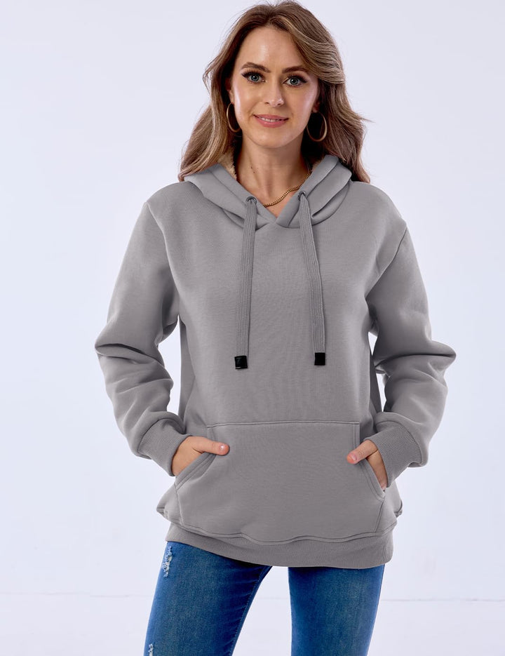 Grauer Damen-Hoodie mit Kapuze, Kängurutasche, lässig, bequem, modisch, Baumwolle.