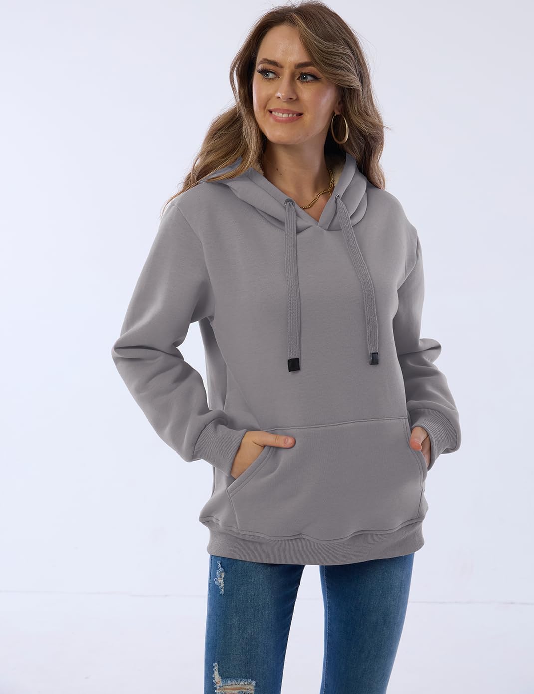 Grauer Damen-Hoodie, Kapuze, Kängurutasche, Freizeitmode, Baumwolle, bequem, lässig.