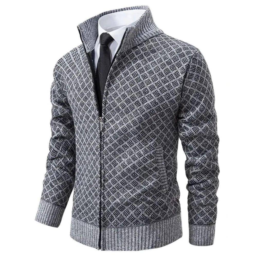 Grauer Herren-Strickjacke mit Rautenmuster, Reißverschluss, eleganter Stil, modische Herrenmode.