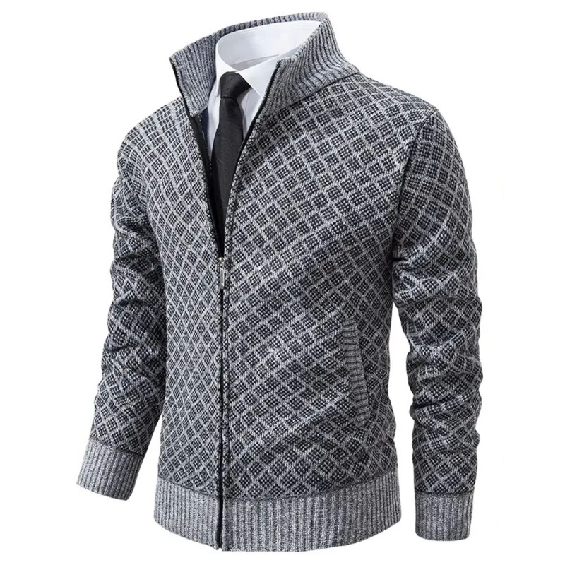 Grauer Herren-Strickjacke mit Rautenmuster, Reißverschluss, eleganter Stil, modische Herrenmode.
