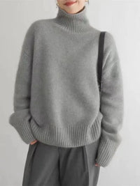 Grauer Damen-Kaschmir-Rollkragenpullover, Herbst-Winter 2023, locker, warm, elegant.