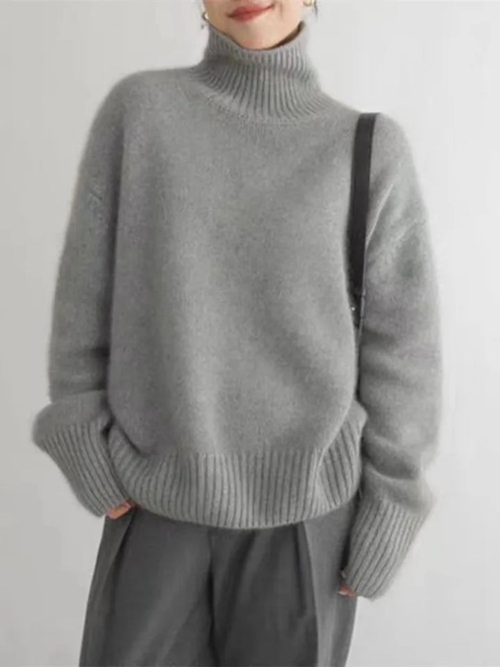 Grauer Damen-Kaschmir-Rollkragenpullover, Herbst-Winter 2023, locker, warm, elegant.