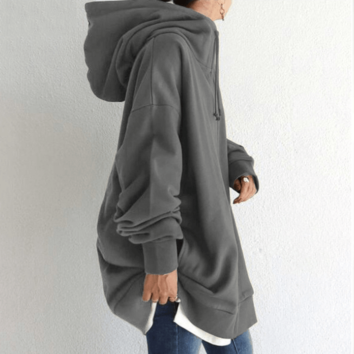 Grauer Oversize-Hoodie aus Baumwolle, lässig, Kapuze, Damenmode, Herbstbekleidung.