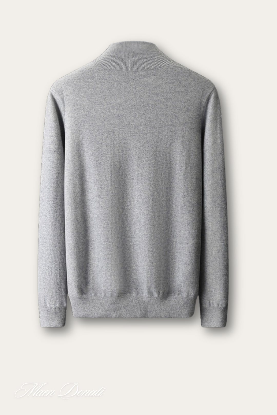 Grauer Herrenpullover aus Kaschmir, Rückansicht, weiches Material, elegantes Design.