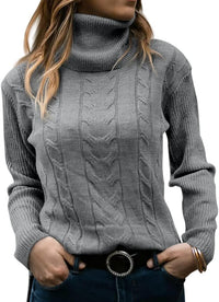 Grauer Rollkragenpullover Damen, Zopfmuster, Strick, warm, modisch, Wintermode, Freizeitkleidung.