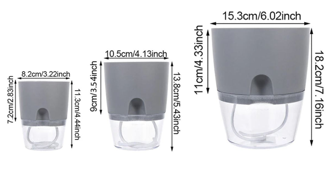 Grauer intelligenter Pflanzentopf aus Kunststoff, drei Größen, mit Wasserreservoir.