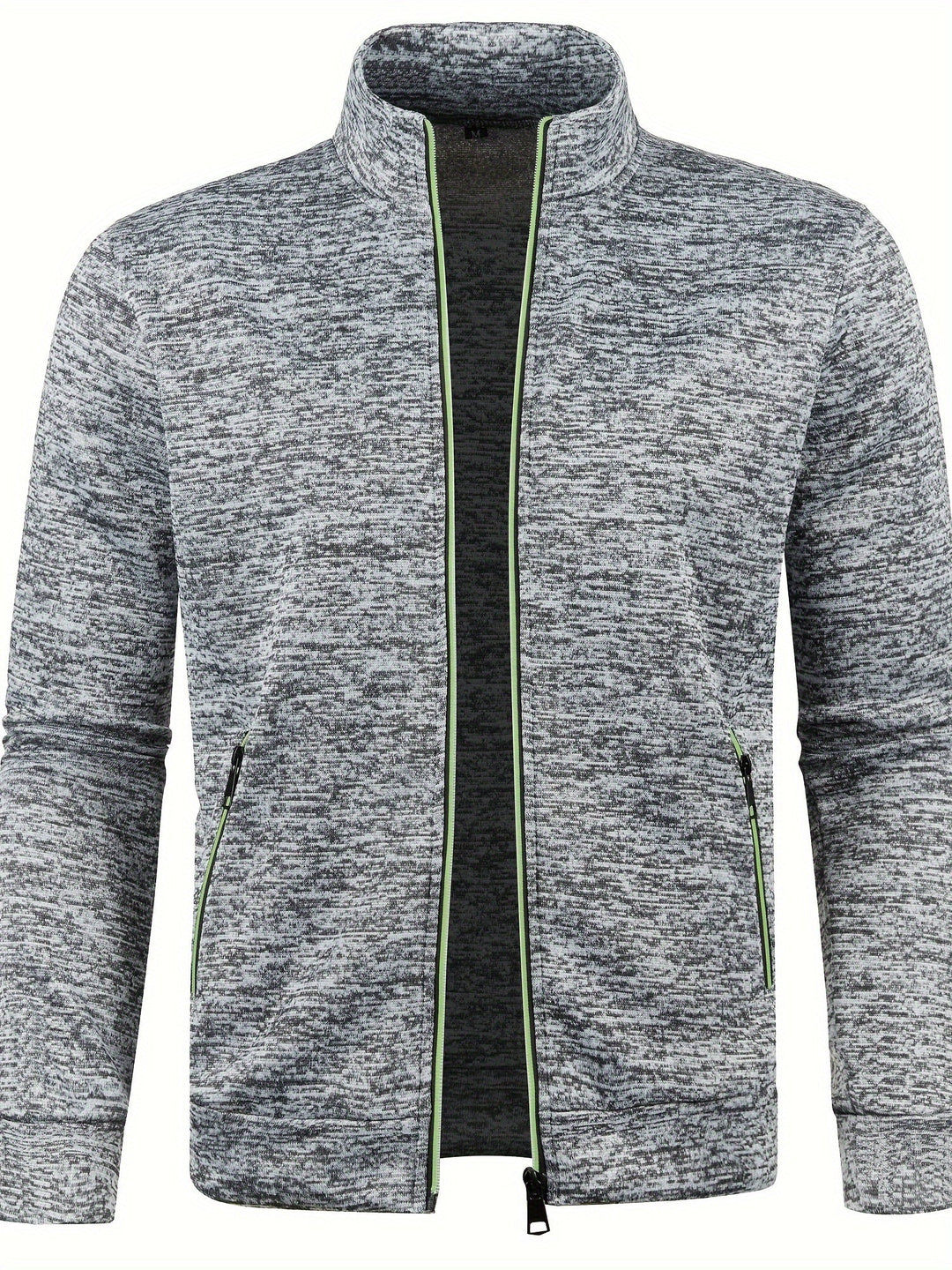 Graue Herren-Strickjacke mit Reißverschluss, Stehkragen, meliertem Muster, sportlich, modern.